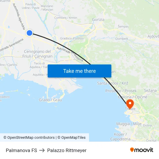 Palmanova Station to Rittmeyer Palace map