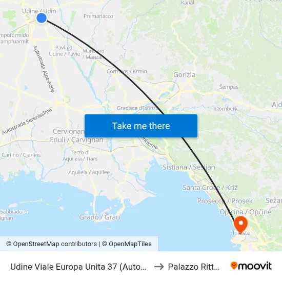 Udine Viale Europa Unita 37 (Bus Station) to Rittmeyer Palace map