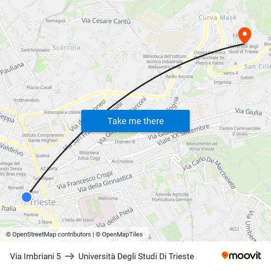 Via Imbriani 5 to Università Degli Studi Di Trieste map