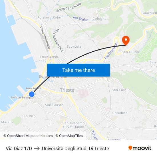 Via Diaz 1/D to Università Degli Studi Di Trieste map