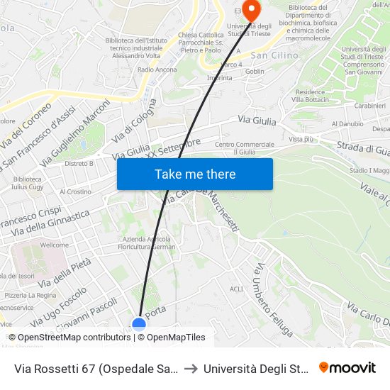 Via Rossetti 67 (Ospedale Sanatorio Triestino) to Università Degli Studi Di Trieste map