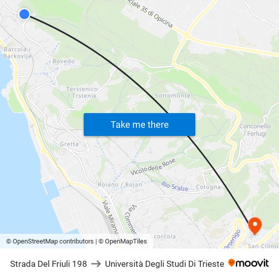 Strada Del Friuli 198 to Università Degli Studi Di Trieste map
