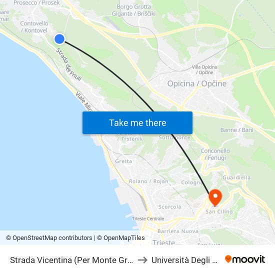 Strada Vicentina (Per Monte Grisa, Direzione Prosecco) to Università Degli Studi Di Trieste map