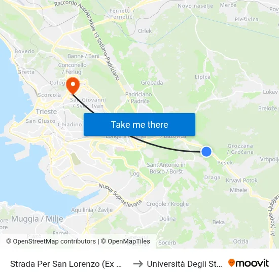 Road to San Lorenzo (Former Val Rosandra Motel) to University of Trieste map