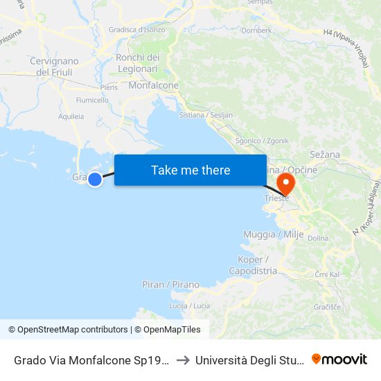 Grado Via Monfalcone Sp19 (Valle Goppion) to Università Degli Studi Di Trieste map