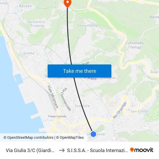 Via Giulia 3/C (Giardino Pubblico, Teatro Rossetti) to S.I.S.S.A. - Scuola Internazionale Superiore Di Studi Avanzati map