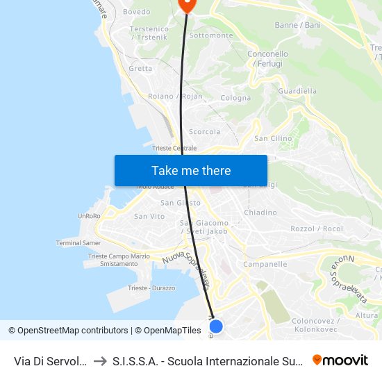 Via Di Servola (Chiesa) to S.I.S.S.A. - Scuola Internazionale Superiore Di Studi Avanzati map