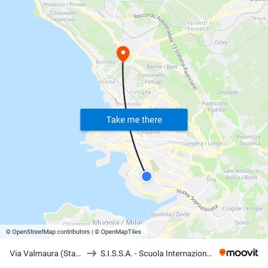 Via Valmaura (Stadio Rocco E Grezar) to S.I.S.S.A. - Scuola Internazionale Superiore Di Studi Avanzati map