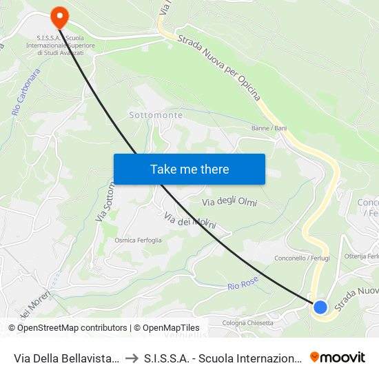 Via Della Bellavista 1 (Casa Cantoniera) to S.I.S.S.A. - Scuola Internazionale Superiore Di Studi Avanzati map