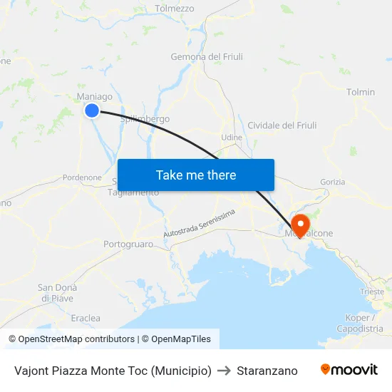 Vajont Monte Toc Square (City Hall) to Staranzano map