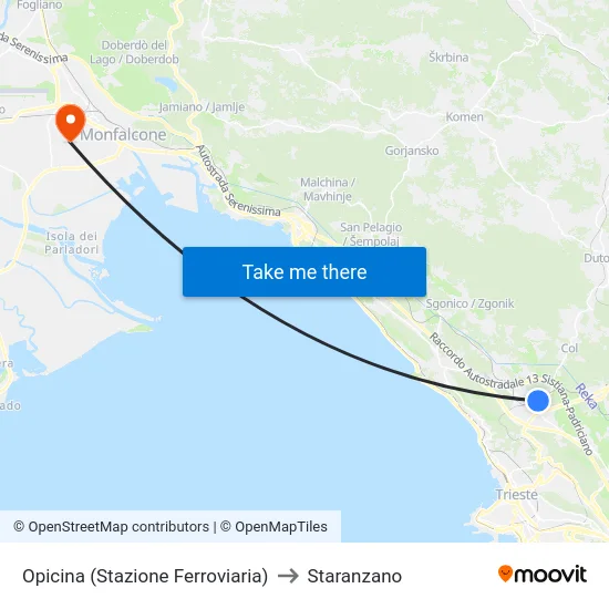 Opicina (Stazione Ferroviaria) to Staranzano map
