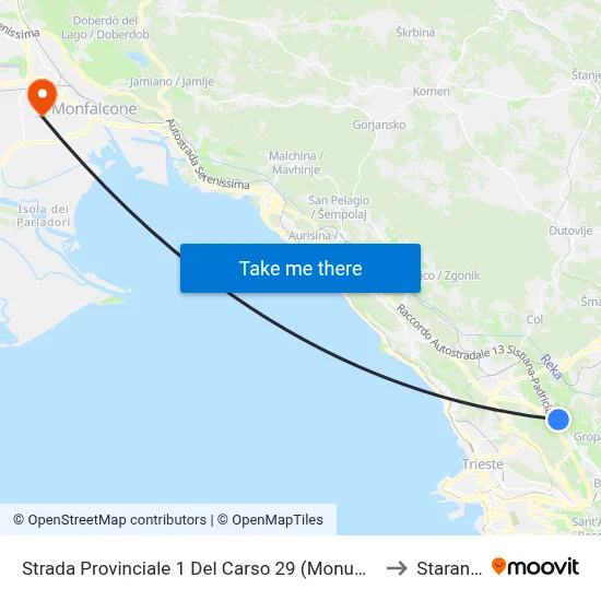 Provincial Road 1 Del Carso 29 (Trebiciano Monument) to Staranzano map