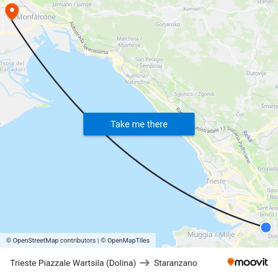 Trieste Piazzale Wartsila (Dolina) to Staranzano map
