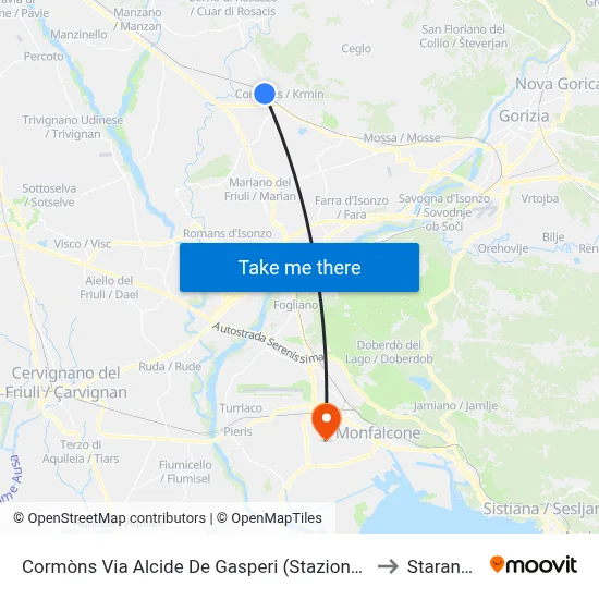 Cormons Via Alcide De Gasperi (Railway Station) to Staranzano map