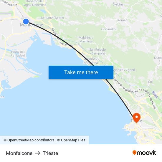 Monfalcone to Trieste map