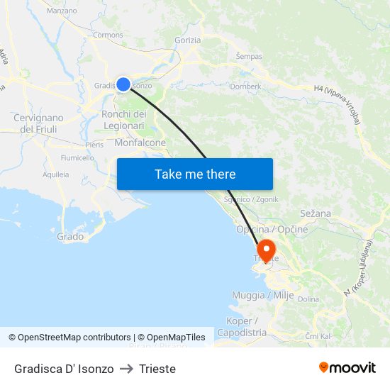 Gradisca D' Isonzo to Trieste map