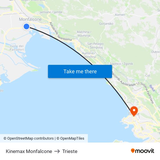 Kinemax Monfalcone to Trieste map