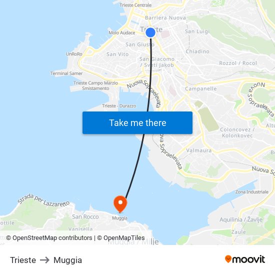 Trieste to Muggia map