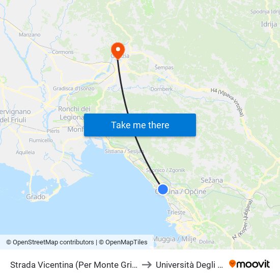 Strada Vicentina (Per Monte Grisa, Direzione Prosecco) to Università Degli Studi Di Udine map