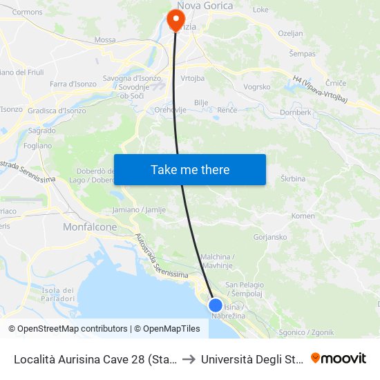Località Aurisina Cave 28 (Stazione Ferroviaria) to Università Degli Studi Di Udine map