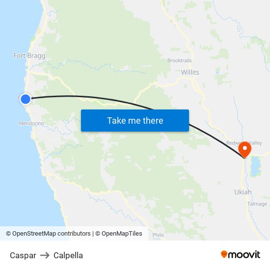 Caspar to Calpella map