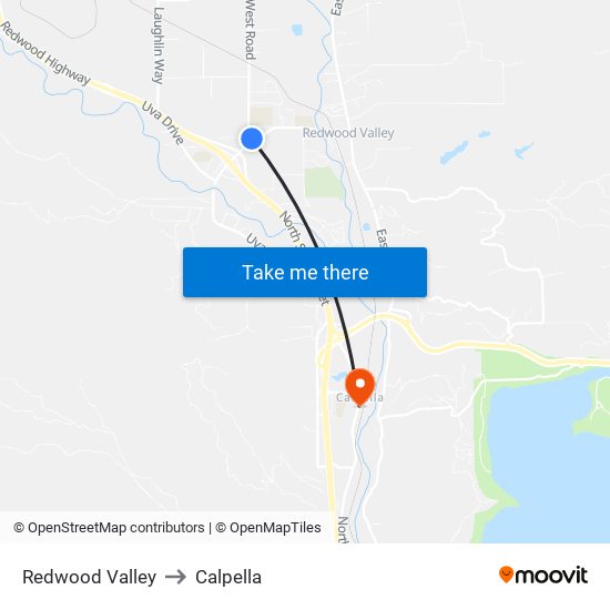 Redwood Valley to Calpella map