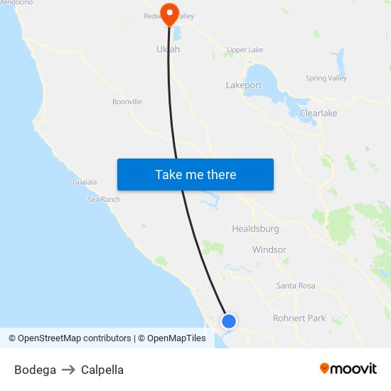 Bodega to Calpella map