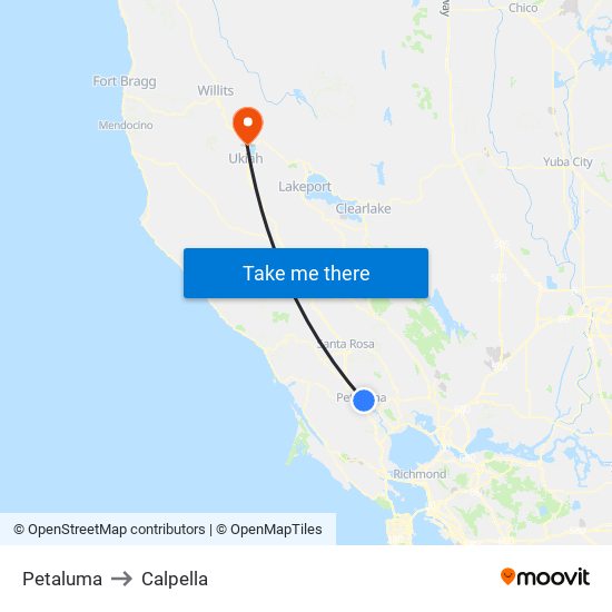 Petaluma to Calpella map