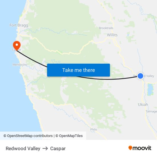 Redwood Valley to Caspar map