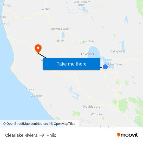Clearlake Riviera to Philo map