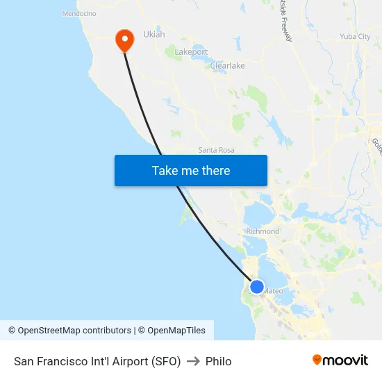 San Francisco Int'l Airport (SFO) to Philo map