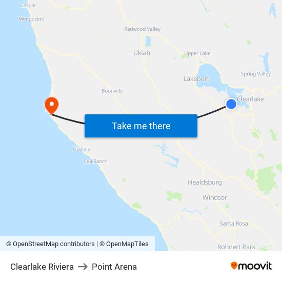 Clearlake Riviera to Point Arena map
