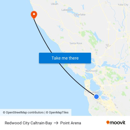 Redwood City Caltrain-Bay to Point Arena map