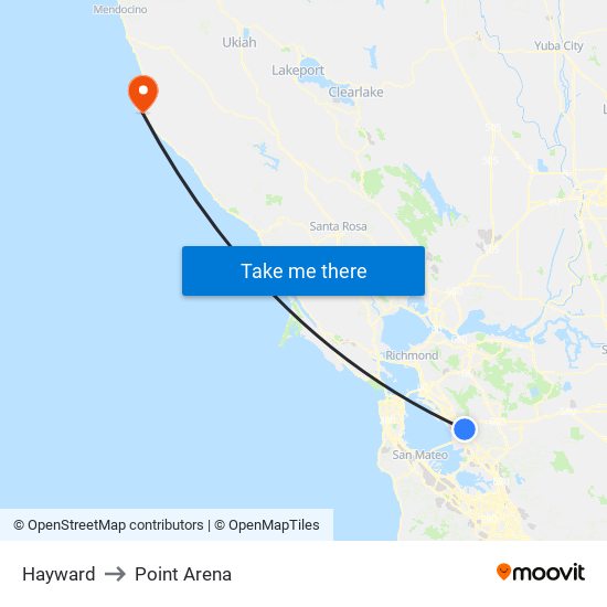 Hayward to Point Arena map