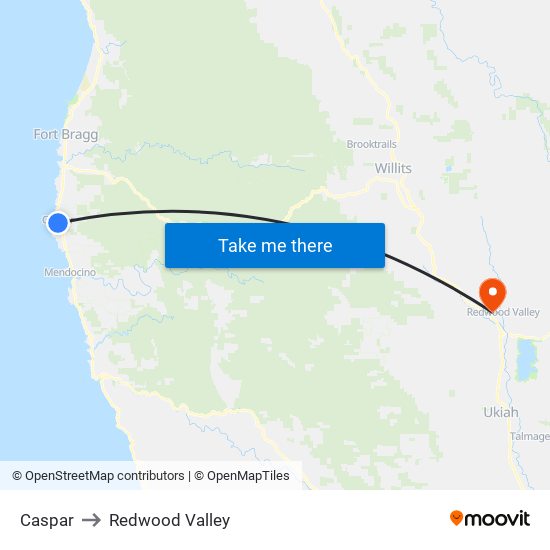 Caspar to Redwood Valley map