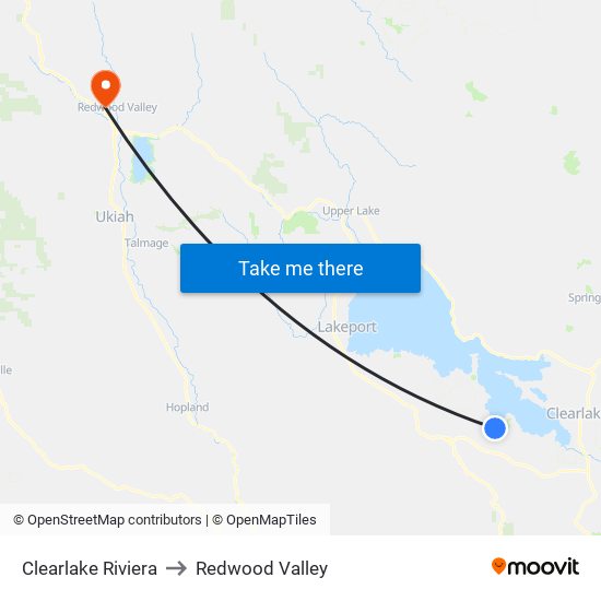 Clearlake Riviera to Redwood Valley map