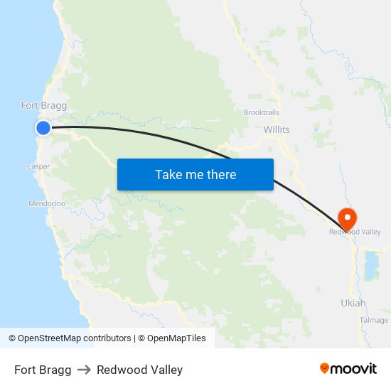 Fort Bragg to Redwood Valley map
