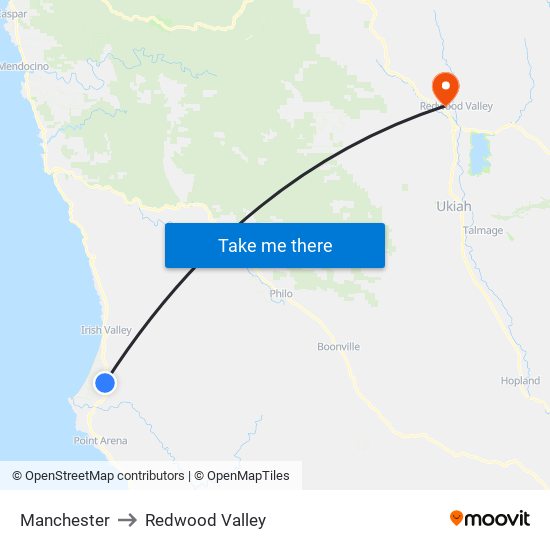 Manchester to Redwood Valley map