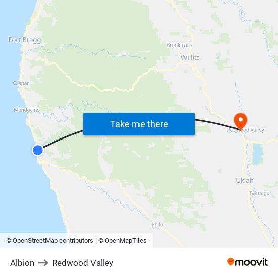 Albion to Redwood Valley map