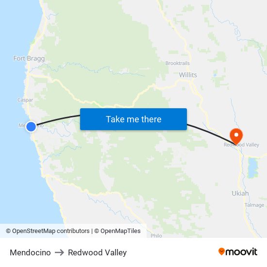 Mendocino to Redwood Valley map