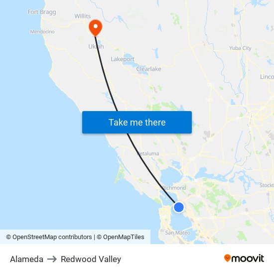 Alameda to Redwood Valley map