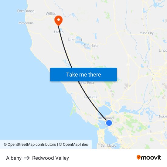 Albany to Redwood Valley map