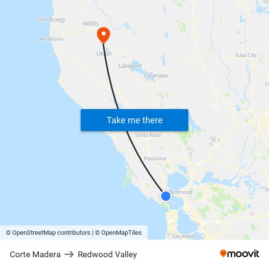 Corte Madera to Redwood Valley map