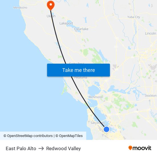 East Palo Alto to Redwood Valley map