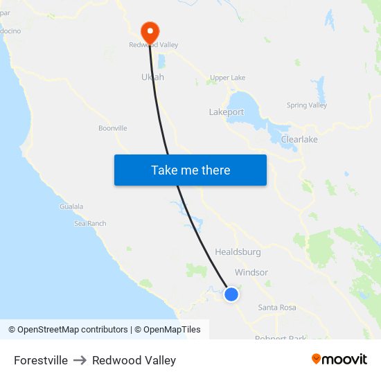 Forestville to Redwood Valley map