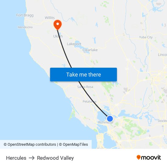 Hercules to Redwood Valley map