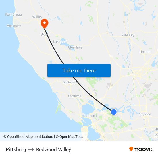 Pittsburg to Redwood Valley map