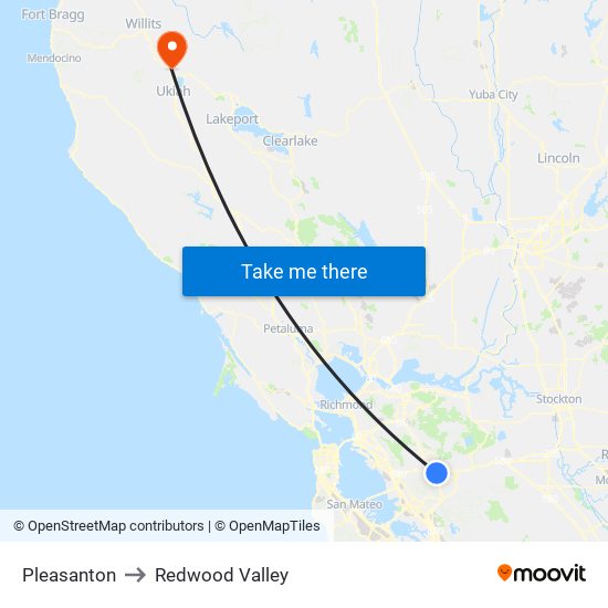 Pleasanton to Redwood Valley map