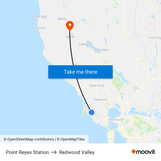 Point Reyes Station to Redwood Valley map