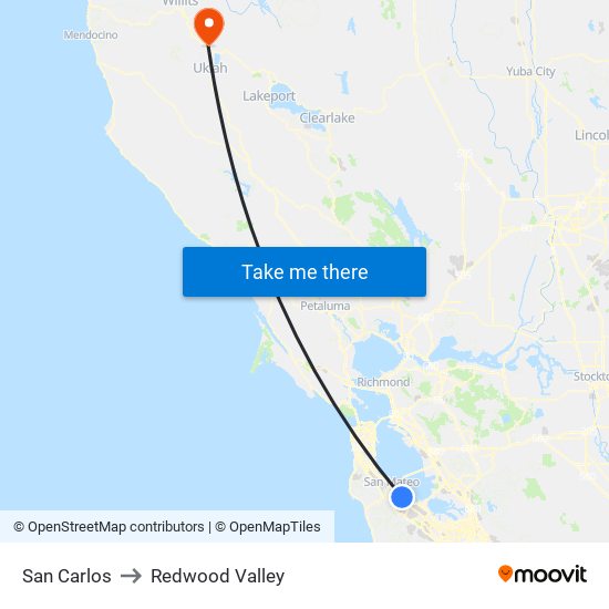 San Carlos to Redwood Valley map